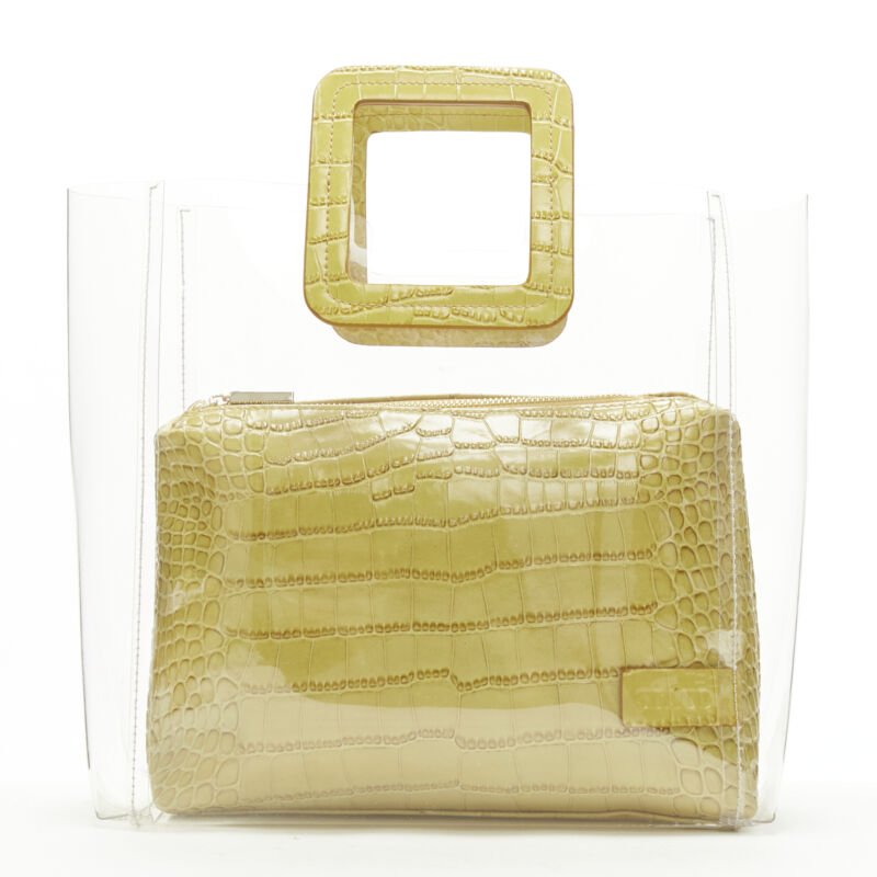 STAUD Shirley yellow stamped scaled leather zip pouch handle clear PVC tote bag