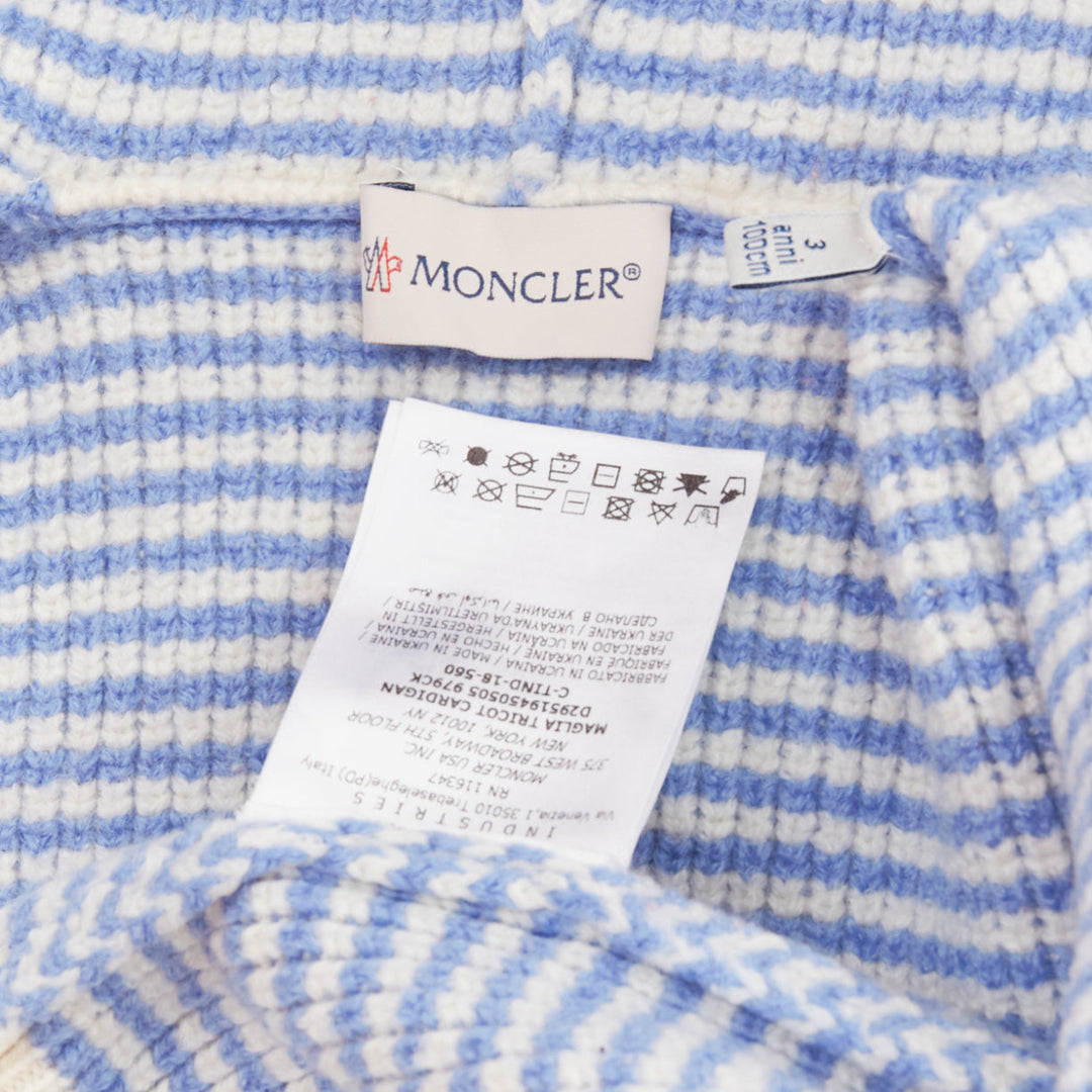 MONCLER ENFANT KIDS blue cream striped knit wool hooded ear cardigan sweater 3Y