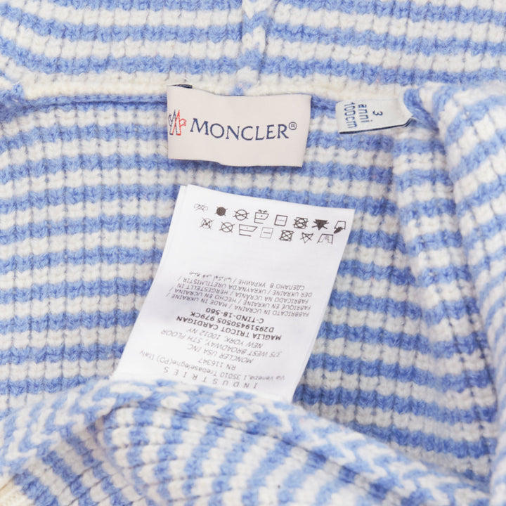 MONCLER ENFANT KIDS blue cream striped knit wool hooded ear cardigan sweater 3Y