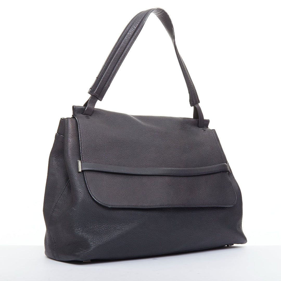 THE ROW Top Handle 14 black pebble leather loop through flap shoulder bag