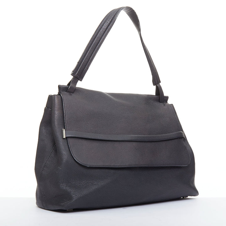 THE ROW Top Handle 14 black pebble leather loop through flap shoulder bag