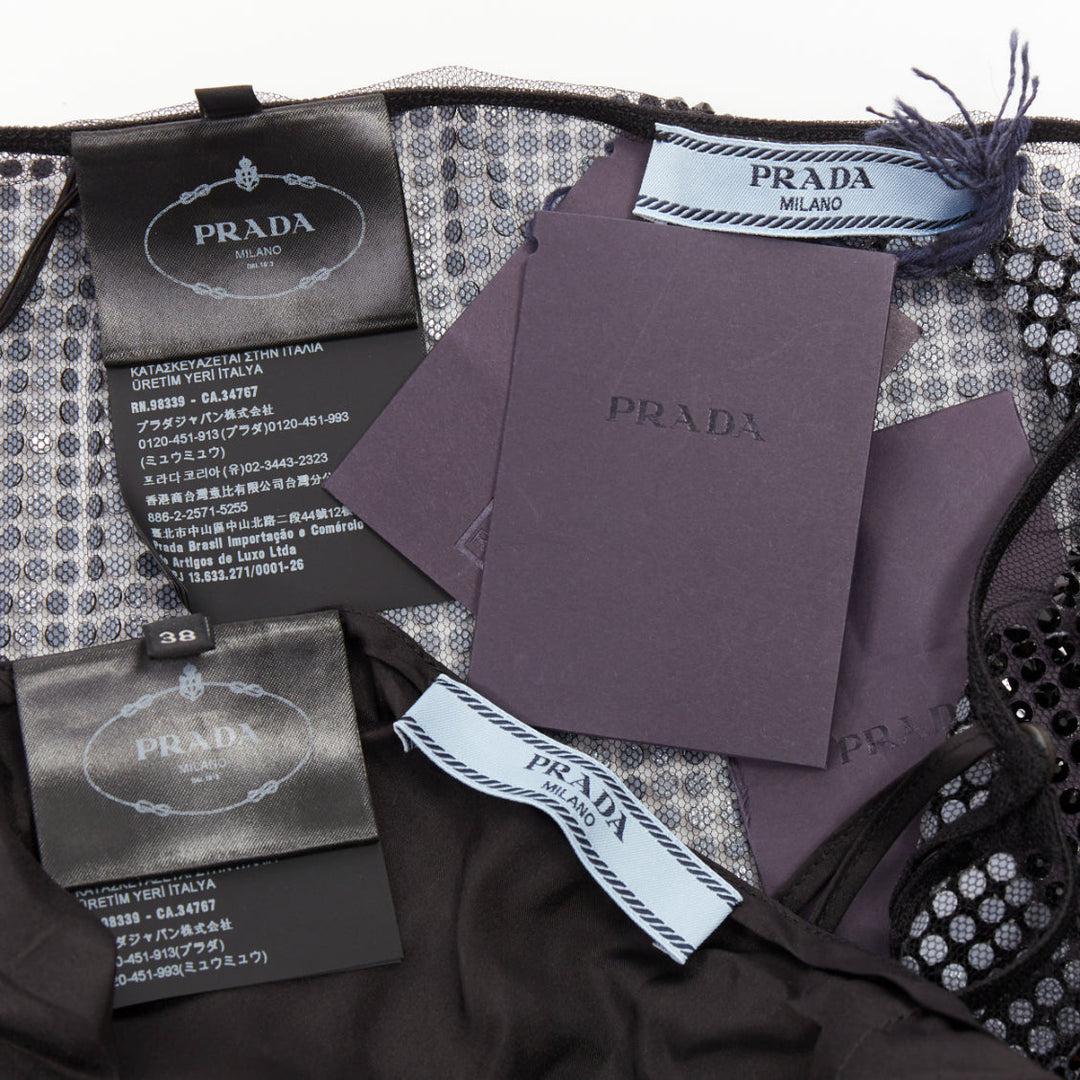 PRADA 2021 black crystal strass embellished cut out lace mini skirt IT38 XS