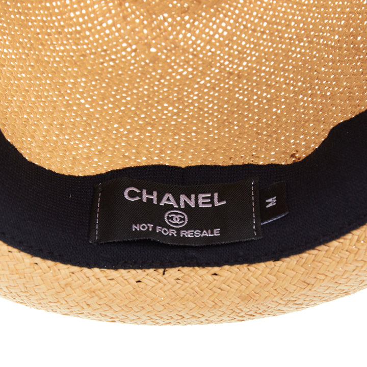 CHANEL beige raffia curled brim navy ribbon CC logo trilby hat M