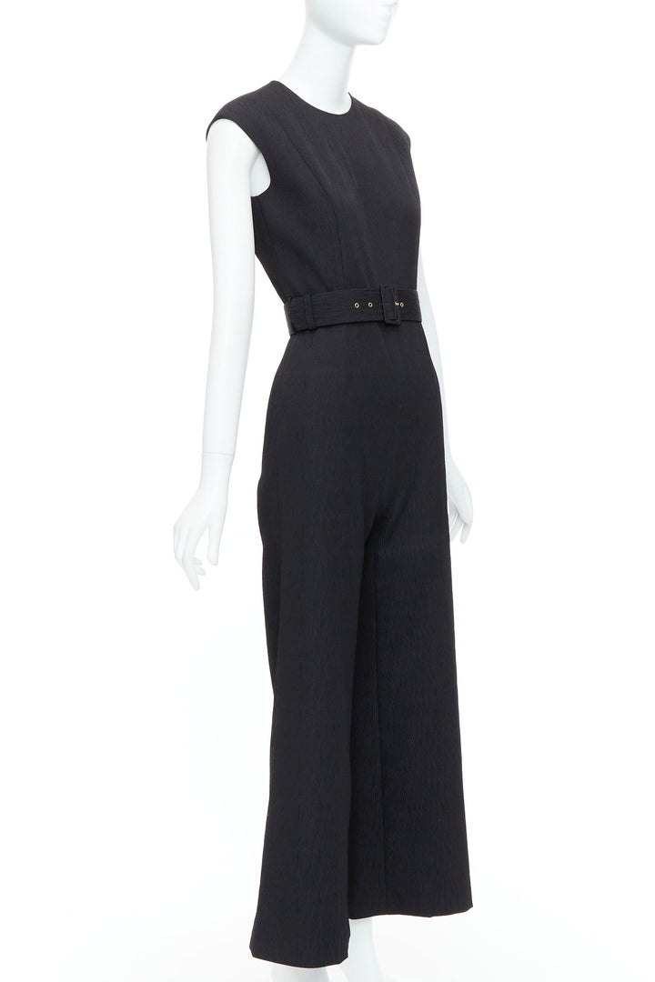 EMILIA WICKSTEAD black cloque crew neck cropped belted jumpsuit UK8 S