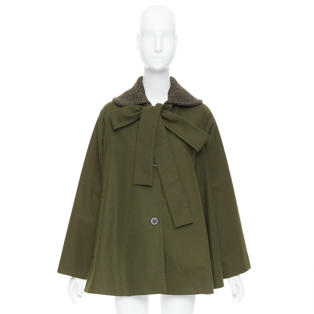 LOEWE khaki green cotton tweed collar bow neck swing coat FR34 XS