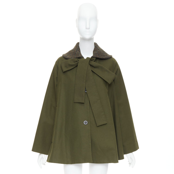 LOEWE khaki green cotton tweed collar bow neck swing coat FR34 XS