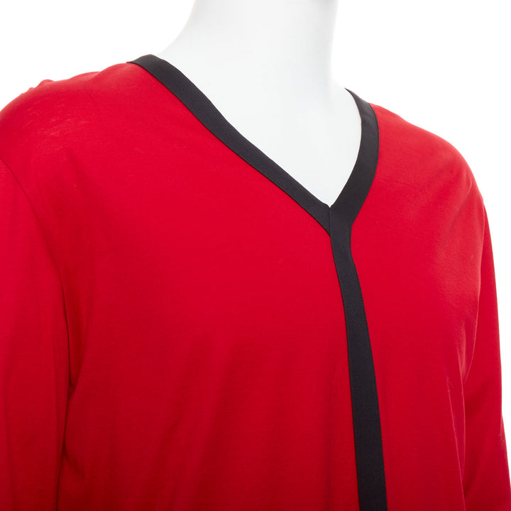 BALENCIAGA 2012 red cotton blend black trim V-neck long sleeve top XL