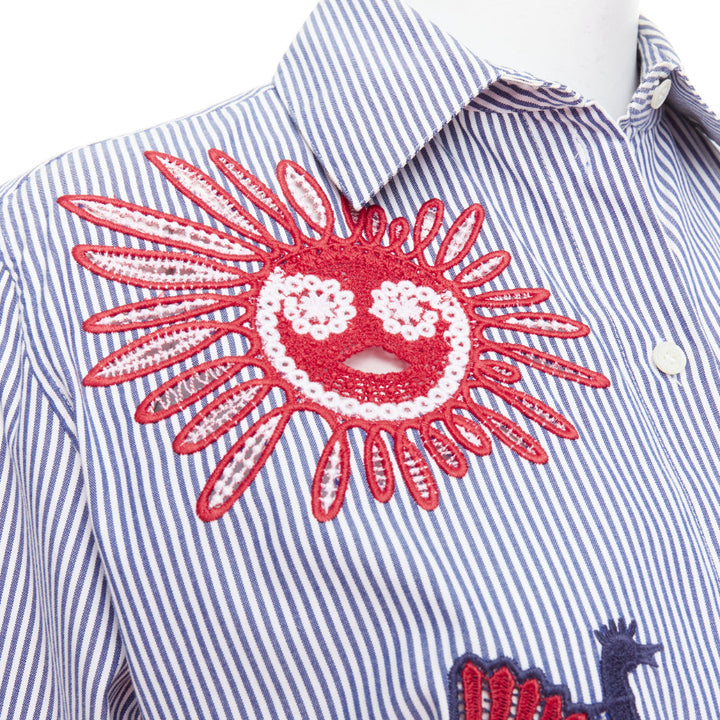 OLD CELINE Phoebe Philo 2015 Runway crochet detail blue striped shirt FR36 S