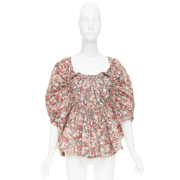 JUNYA WATANABE 2007 multicolor ditsy floral gathered smocked cotton blouse S