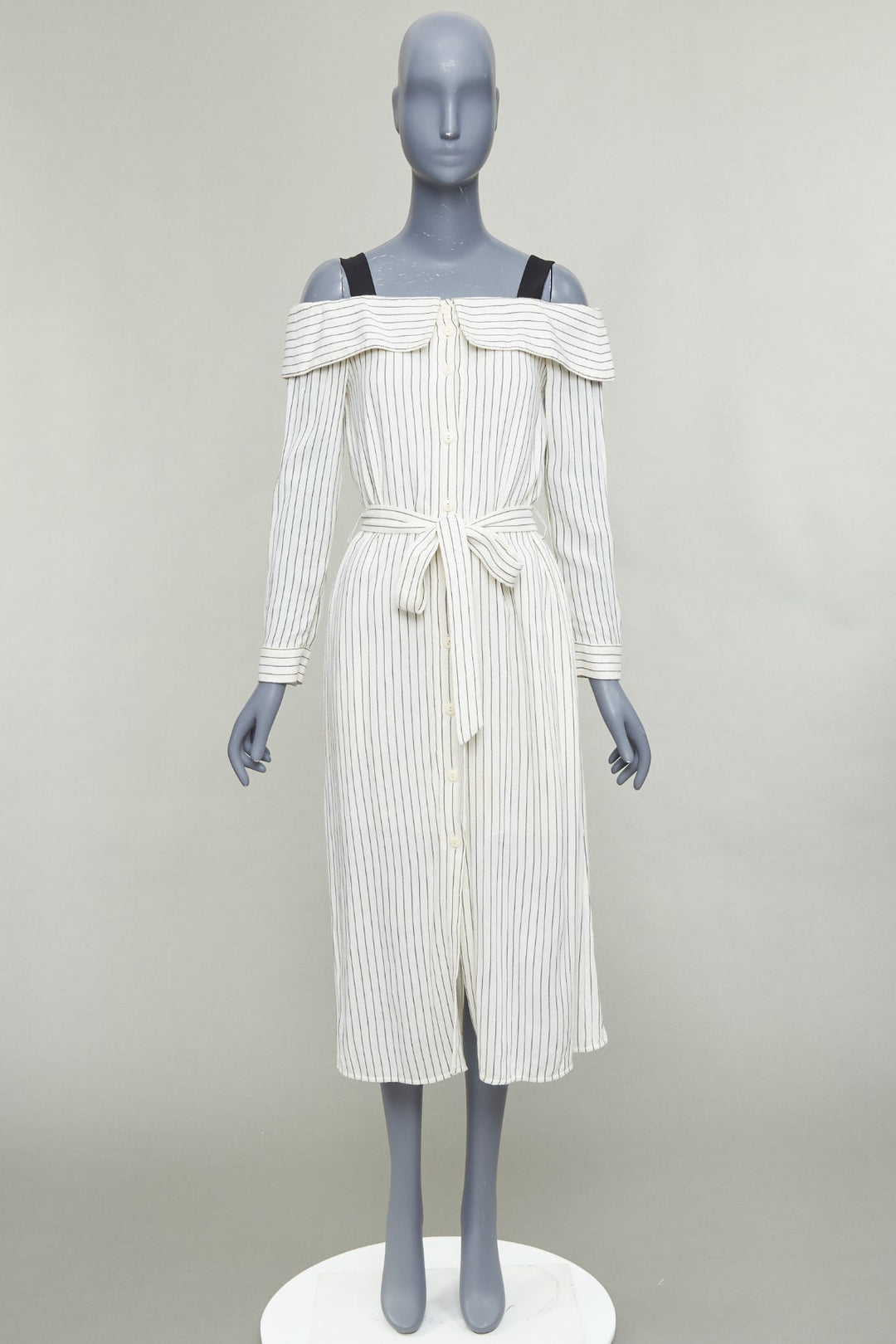 TIBI cream grey pinstriped off shoulder black contrast tie waist dress US4 S