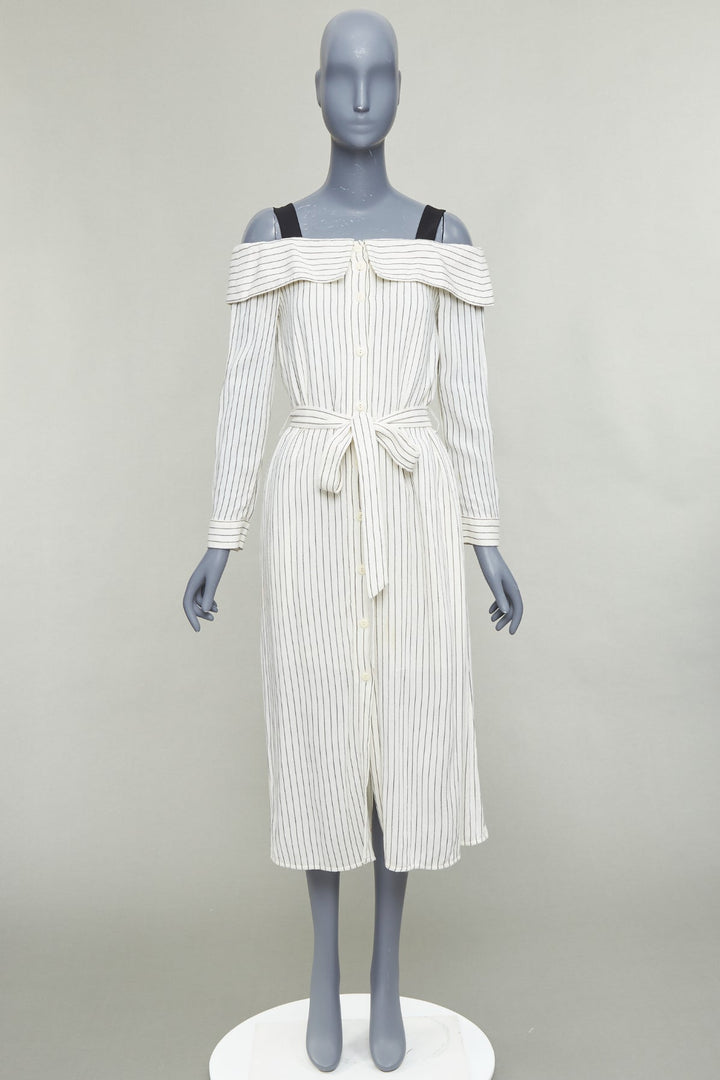 TIBI cream grey pinstriped off shoulder black contrast tie waist dress US4 S