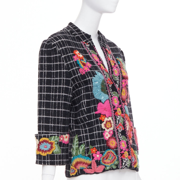 KENZO 2008 Vintage black white grid check wool floral embroidered jacket L