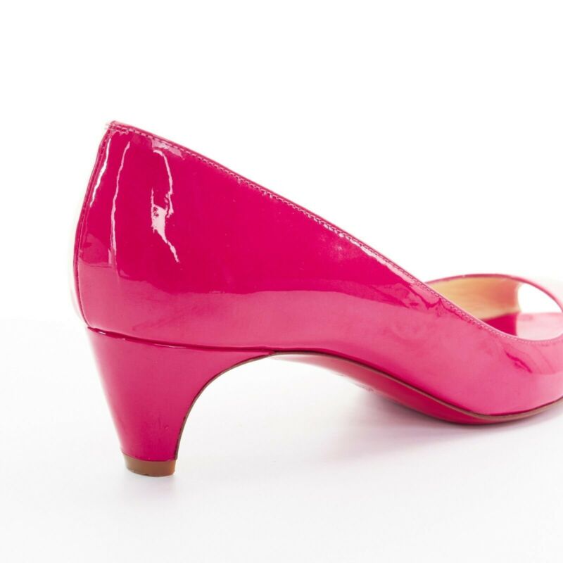 CHRISTIAN LOUBOUTIN 45mm fuschia pink patent peep toe curved kitten heel EU36