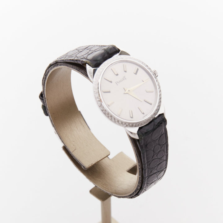 PIAGET Vintage Sunburst Possession silver face black leather logo belted watch