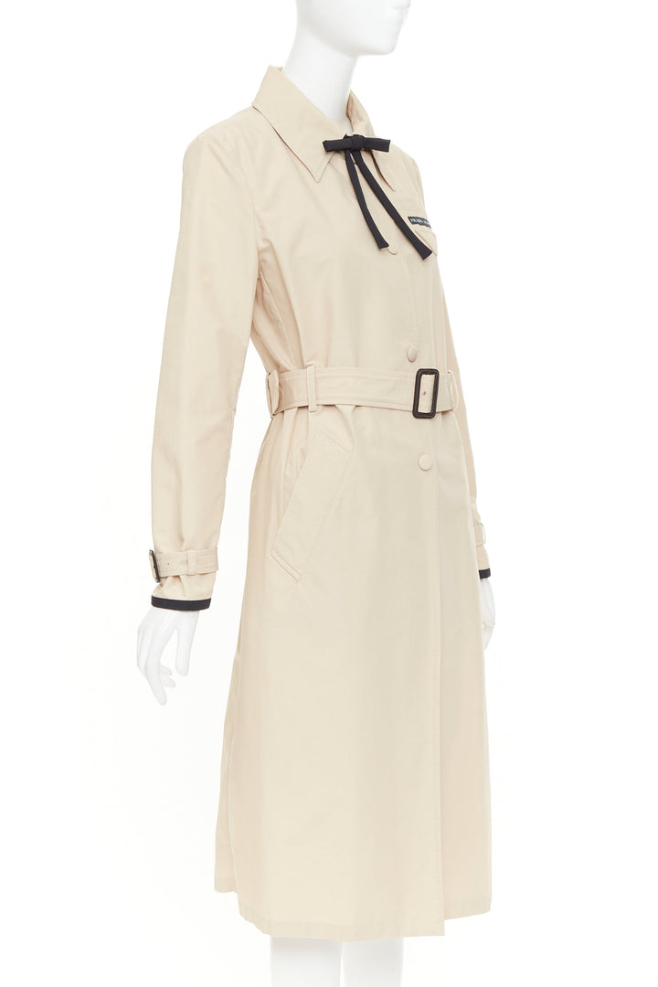 PRADA 2019 beige cotton black bow tie logo tape belted trench coat IT42 M