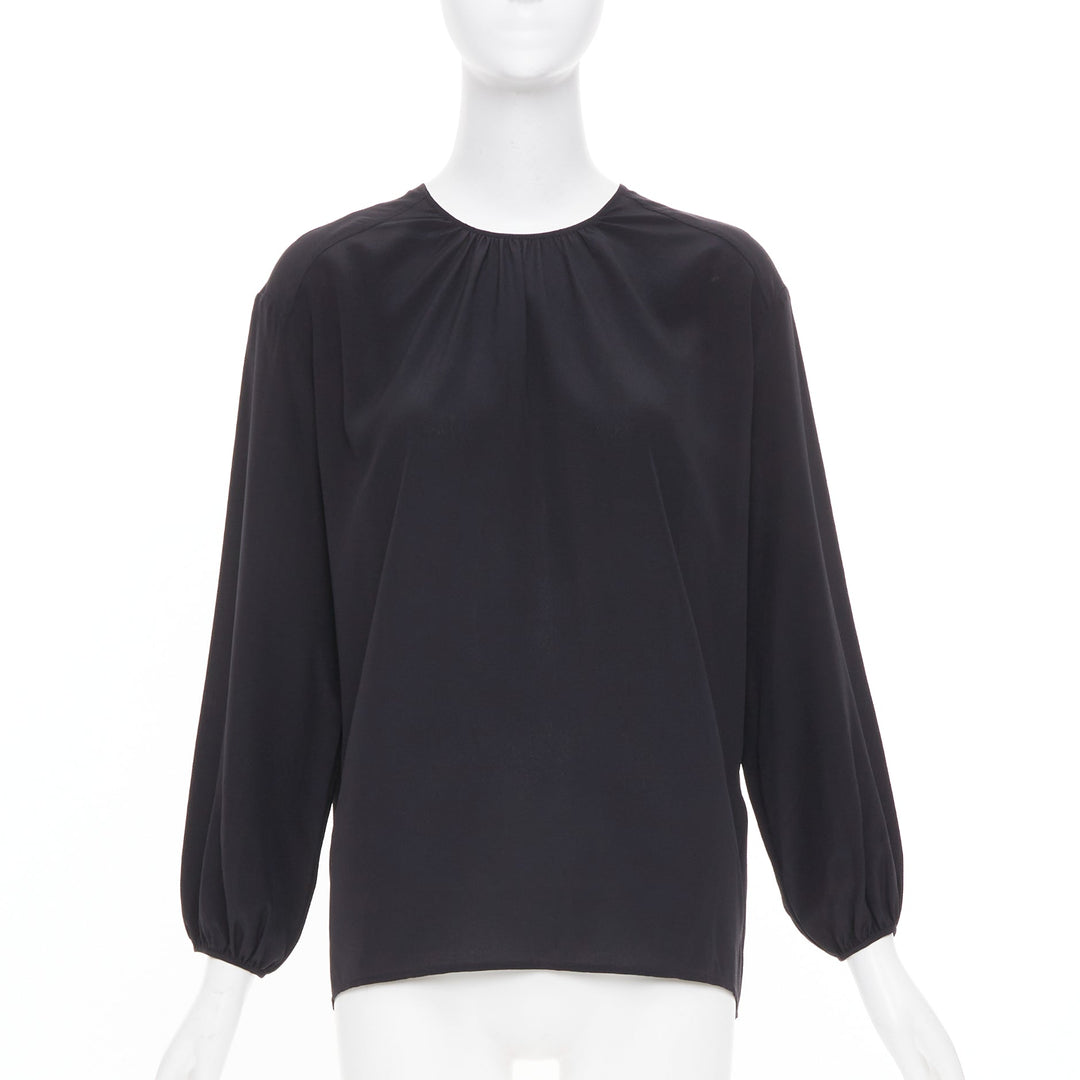 JOSEPH black gathered neck pleated long sleeve casual fluid silk blouse FR32 XXS