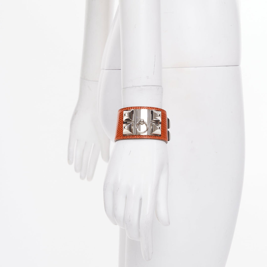 HERMES Collier de Chien tan brown salvage lizard silver medor cuff bracelet