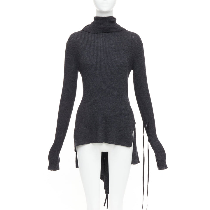 Y'S YOHJI YAMAMOTO grey  wool laced up hi low handkerchief turtleneck top JP2 M