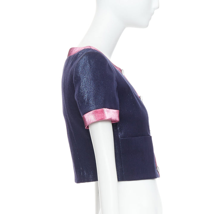 CHANEL 22K navy pink metallic wool blend cropped jacket FR36 S