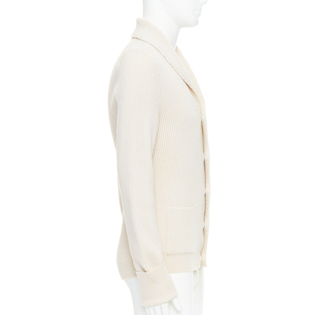 TOM FORD cream 100% wool ribbed shawl collar buttoned cardigan IT46 S