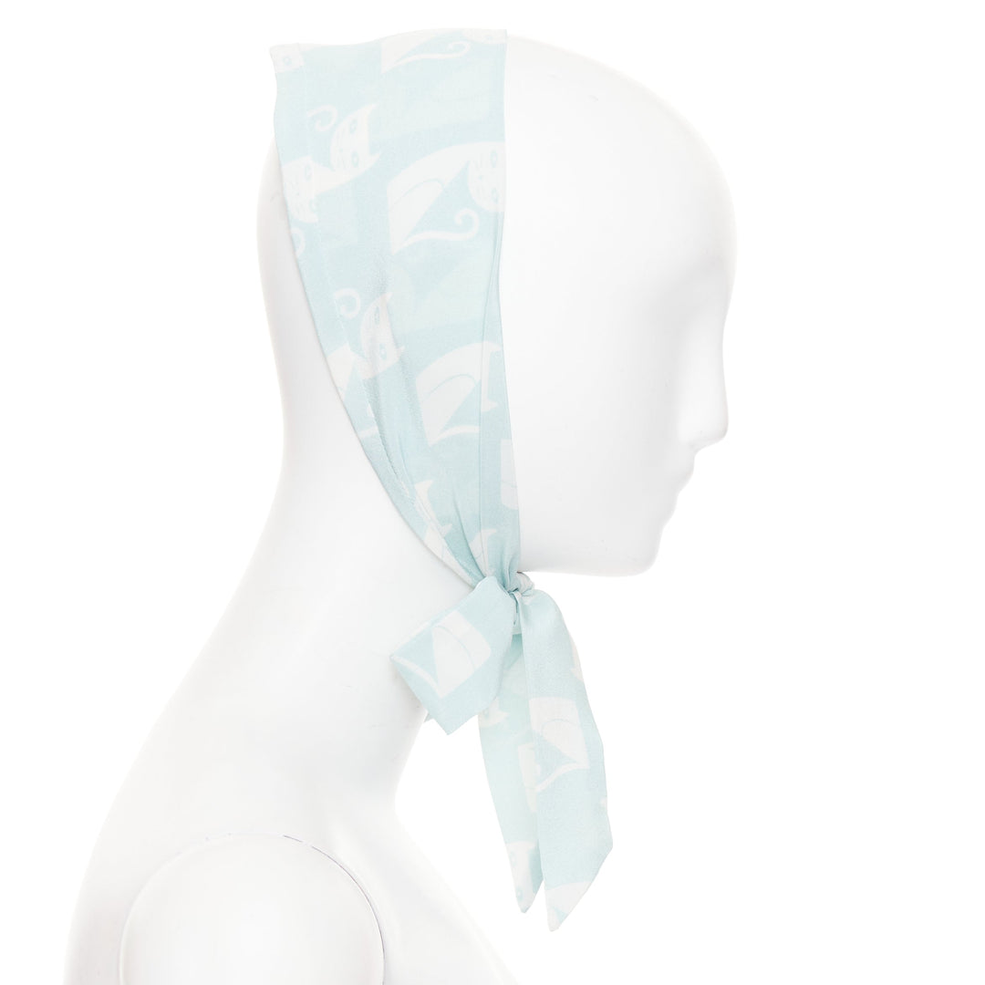 MIU MIU 2020 cartoon cat light blue white silk crepe long headband skinny scarf