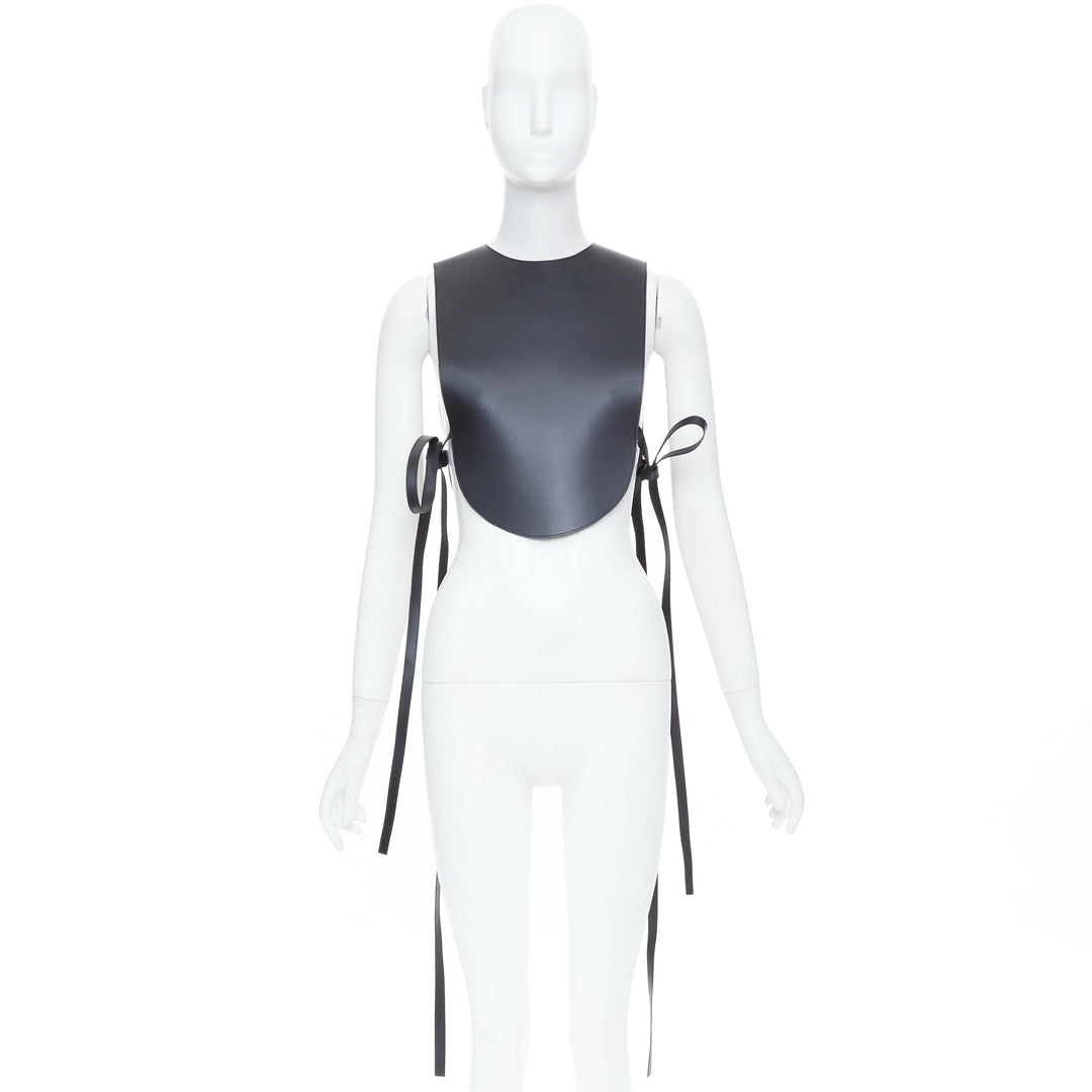 LOEWE 2020 Runway black calfskin leather side tie tabard plastron vest