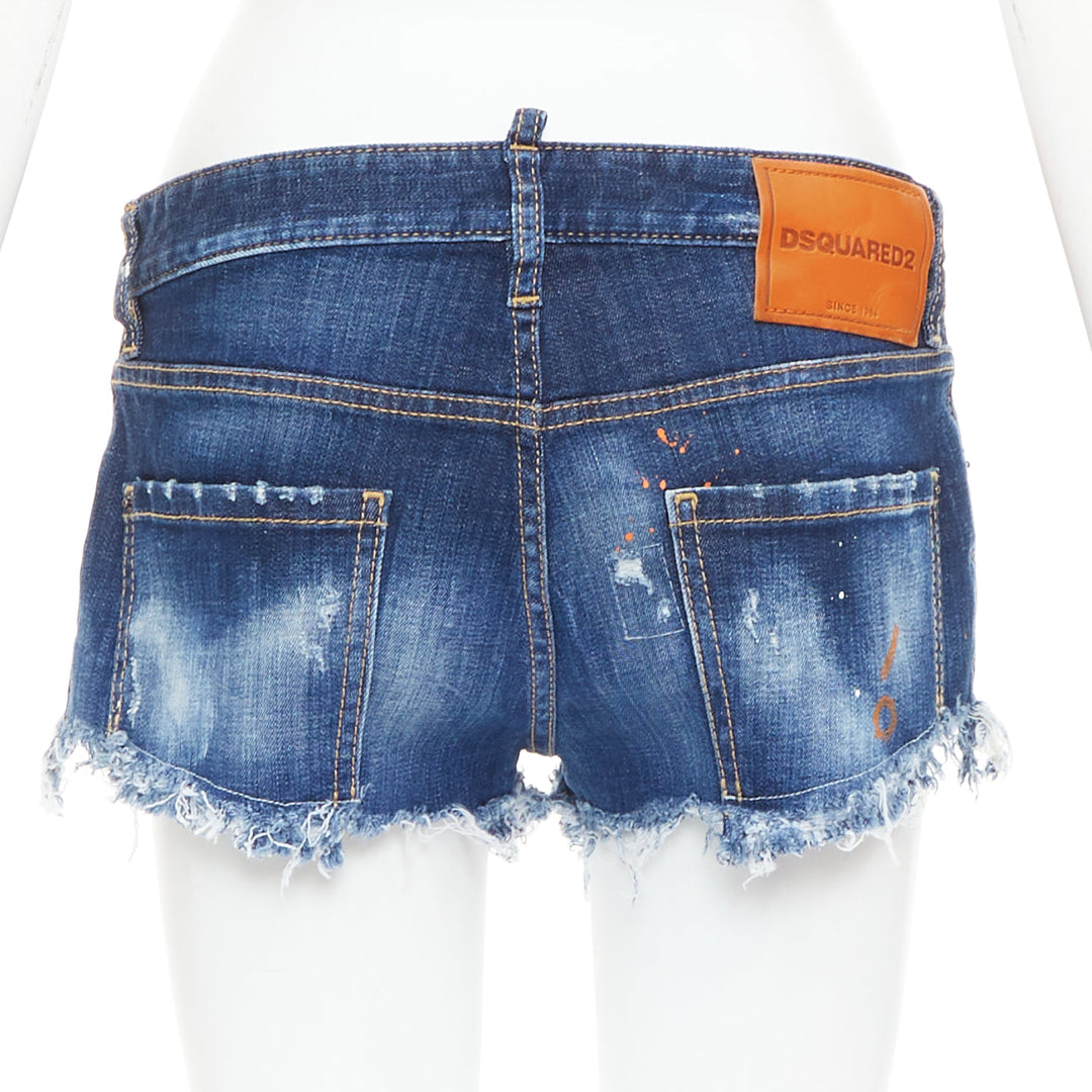 DSQUARED2 dark washed blue distressed painted denim cut off shorts IT38 XS