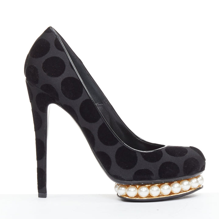 NICHOLAS KIRKWOOD Casati black velvet polka dot pearl platform pumps EU37.5