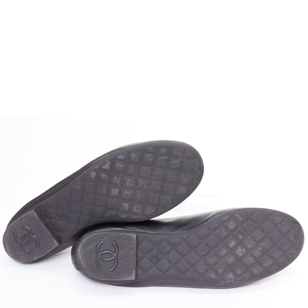 CHANEL black leather silver CC logo camellia flat loafer EU36.5