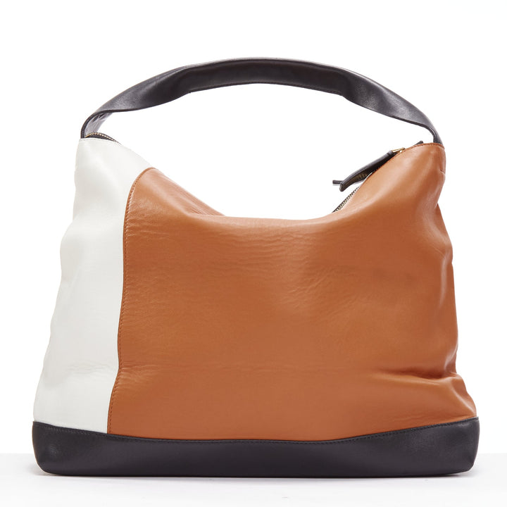 MARNI brown white black colorblock leather double gold zip tote bag