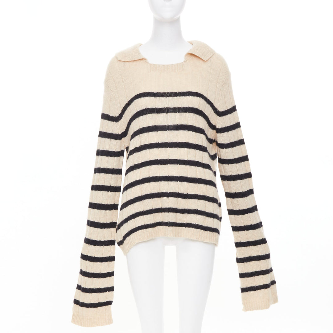 KHAITE 2022 Mateo Butter Black Stripe ribbed cashmere wide collar sweater S