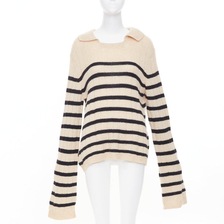 KHAITE 2022 Mateo Butter Black Stripe ribbed cashmere wide collar sweater S