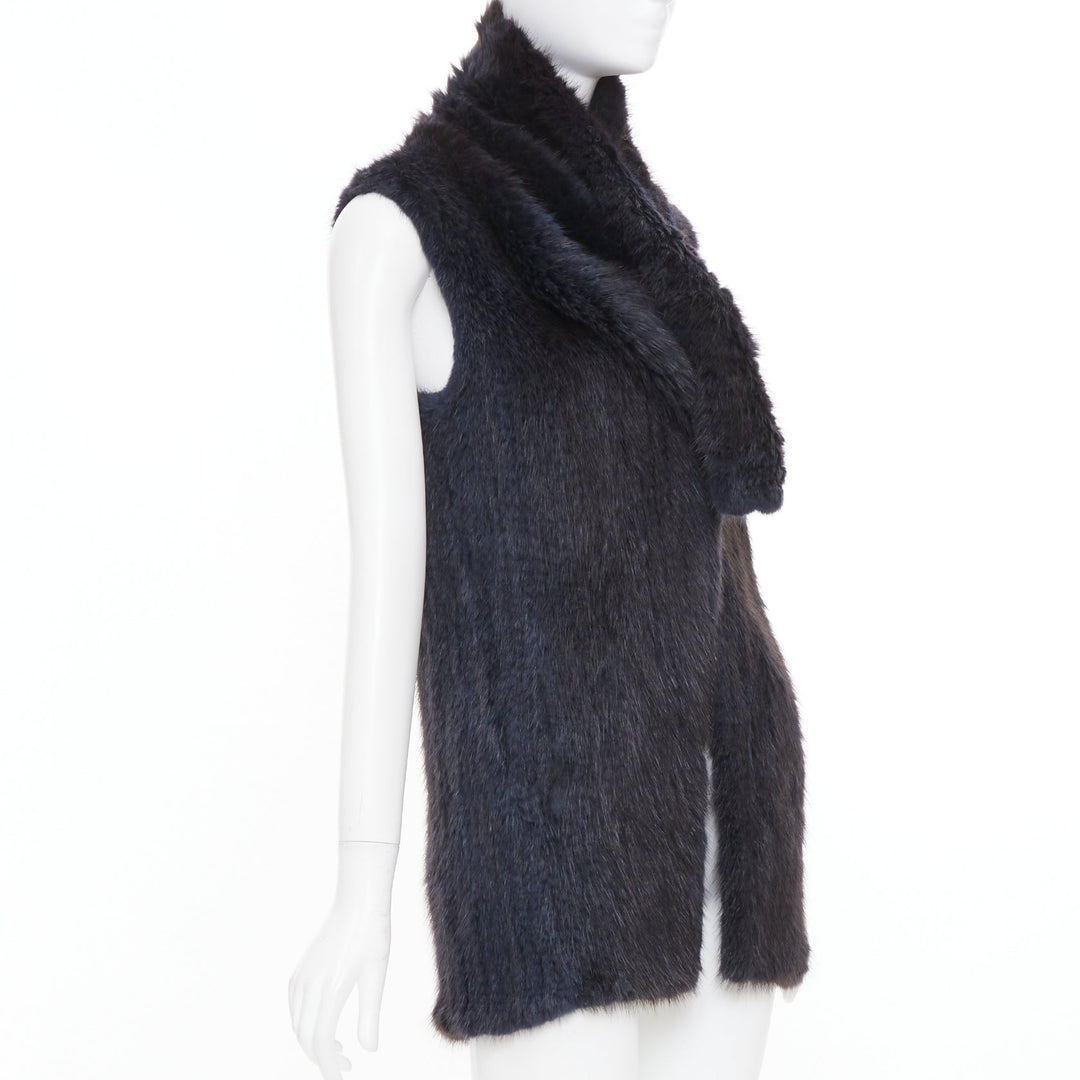 SYMETRIE PARIS black navy genuine fur satin snap buttons collared long gilet M