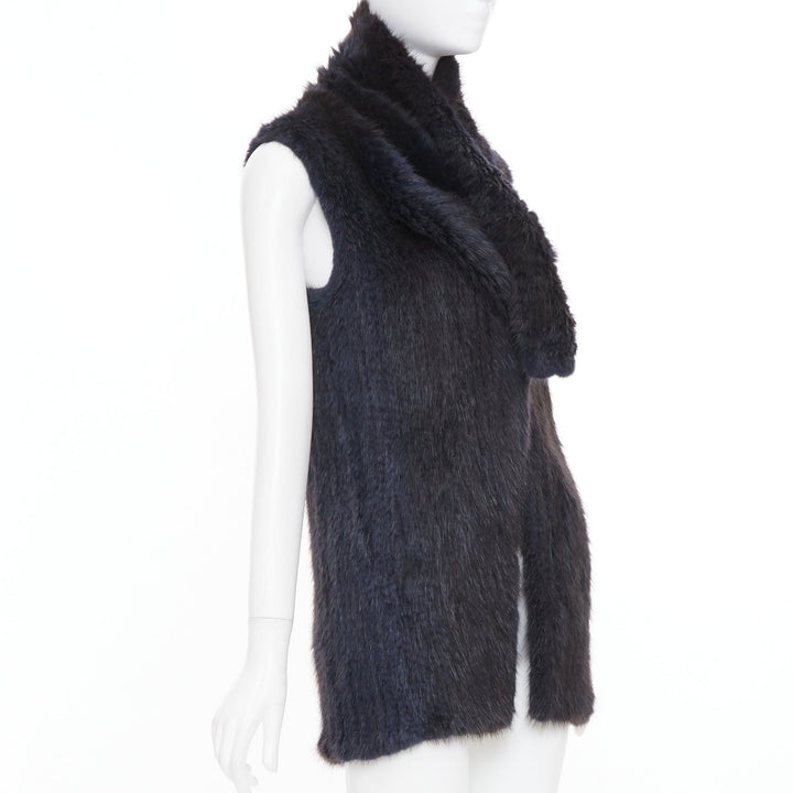 SYMETRIE PARIS black navy genuine fur satin snap buttons collared long gilet M