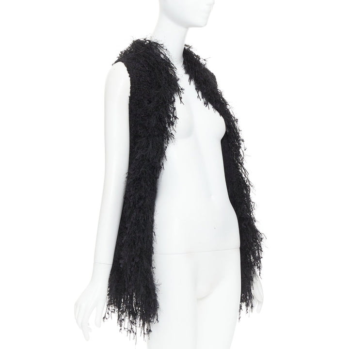 BALMAIN black fringe tweed gold varsity buttons drape front vest FR36 S