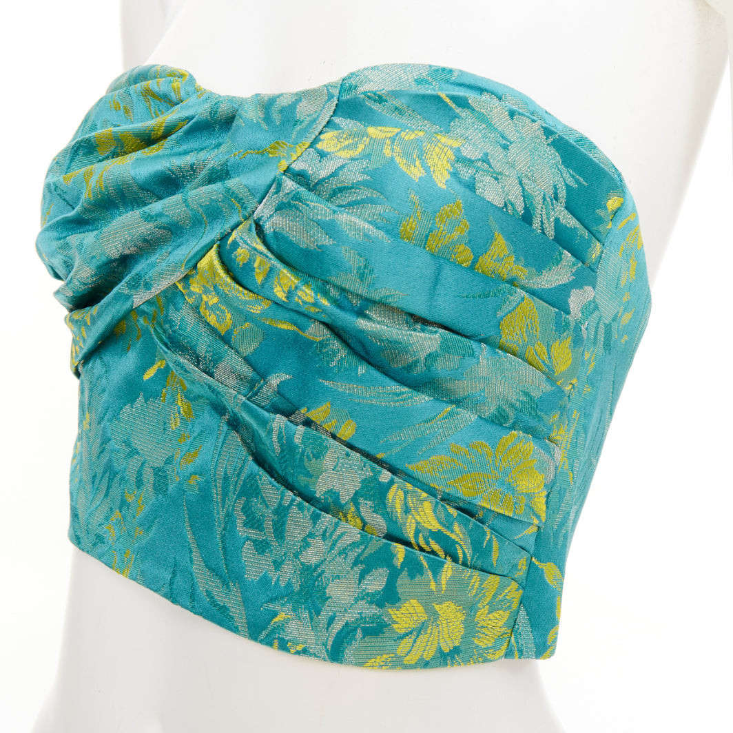 PRADA 2018 green yellow silk floral jacquard ruched corset bandeau top IT38 XS