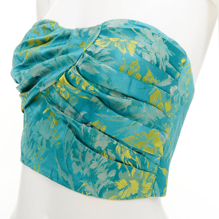 PRADA 2018 green yellow silk floral jacquard ruched corset bandeau top IT38 XS