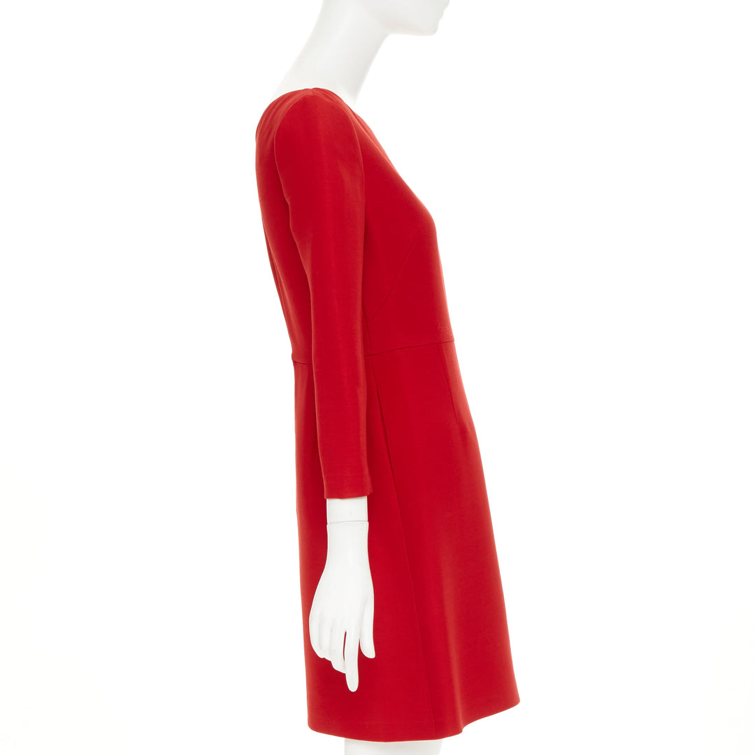 VALENTINO wide V neck structured red wool silk A-line dress IT40 S