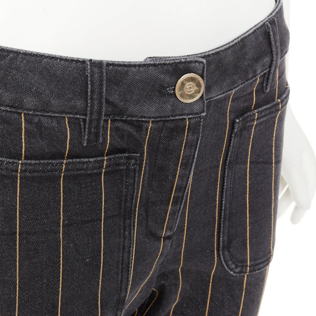 CHANEL washed dark gray gold chain trim bronze cc button straight jeans FR38 M