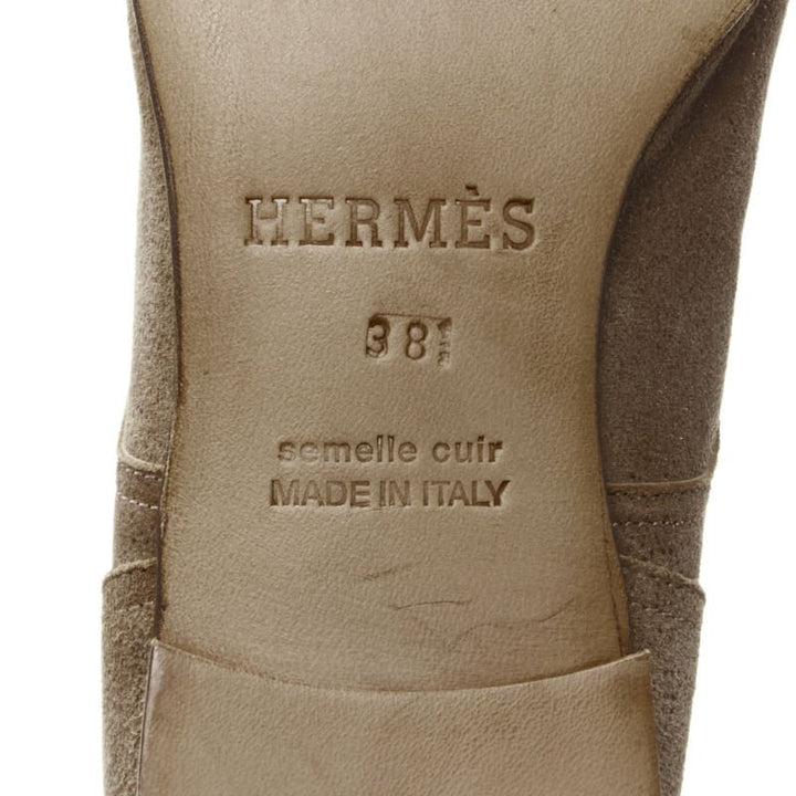 HERMES brown suede zip front silver buckle flat riding boots EU38.5 o