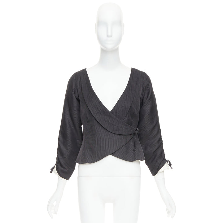 GIORGIO ARMANI grey ramie blend ruched kimono wrap crop blazer IT38 XS