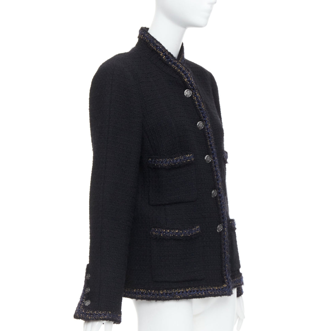 CHANEL 10A Paris Shanghai Runway black tweed crochet trim 4 pocket jacket FR46