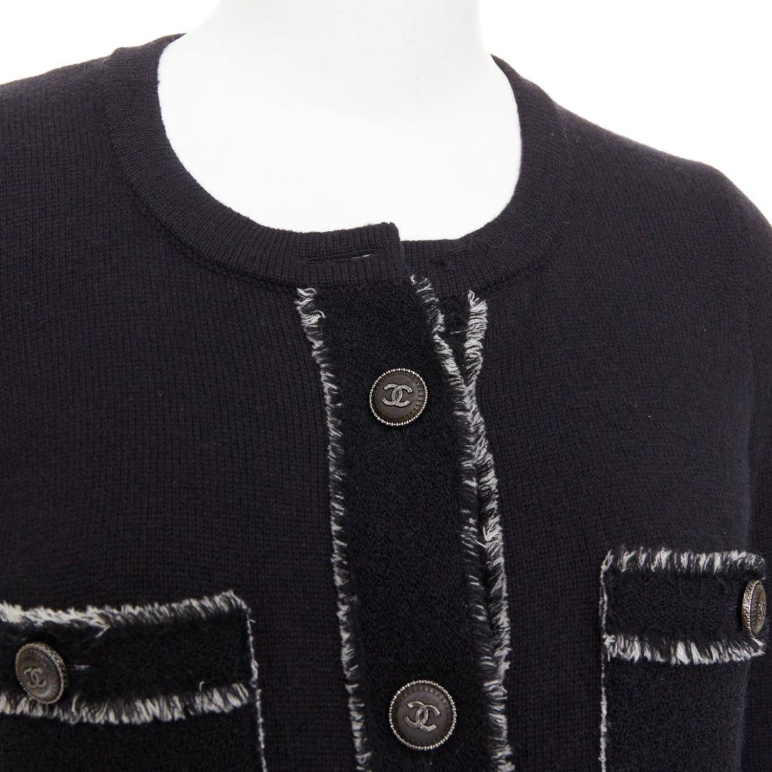 CHANEL 2011 cashmere black cashmere raw edge frayed 4 pocket cardigan FR36 S