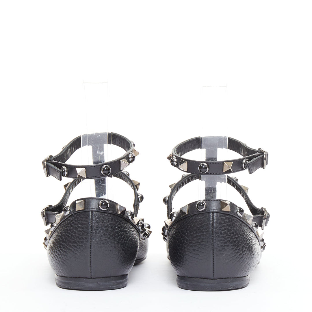 VALENTINO Rockstud black calf mixed stone stud caged ballet flats EU37.5