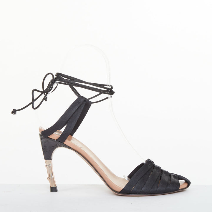 GUCCI 2004 Runway Tom Ford black satin lace up metallic bamboo sandals EU36C