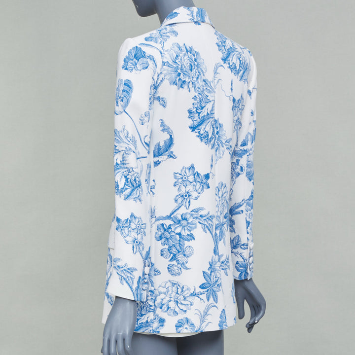 OSCAR DE LA RENTA R19 ivory blue floral toile silk blend blazer jacket US0 XS