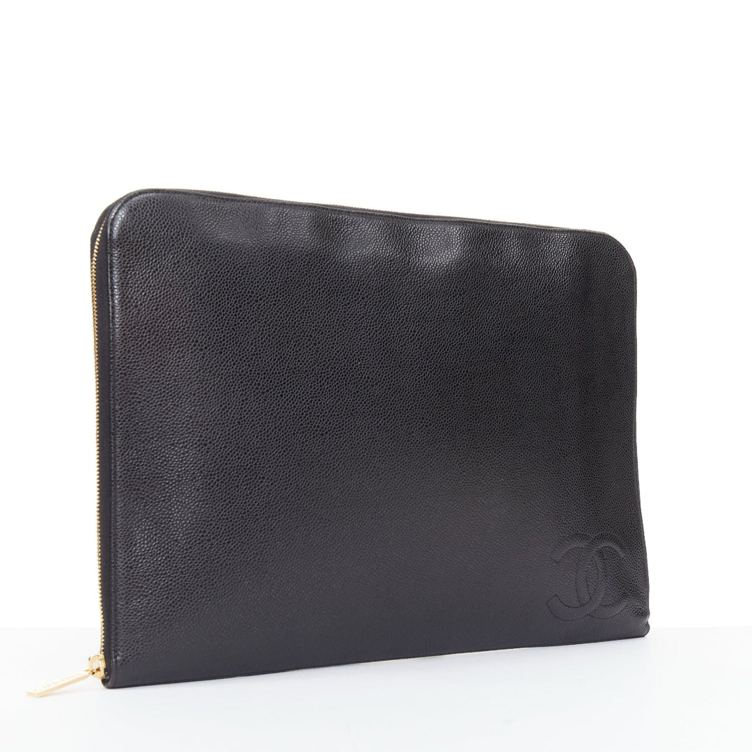 CHANEL 2014 Timeless CC Portfolio Pouch black leather embossed tech clutch bag