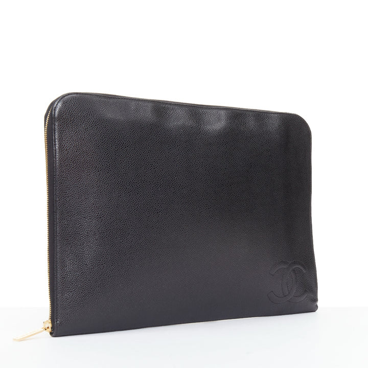 CHANEL 2014 Timeless CC Portfolio Pouch black leather embossed tech clutch bag