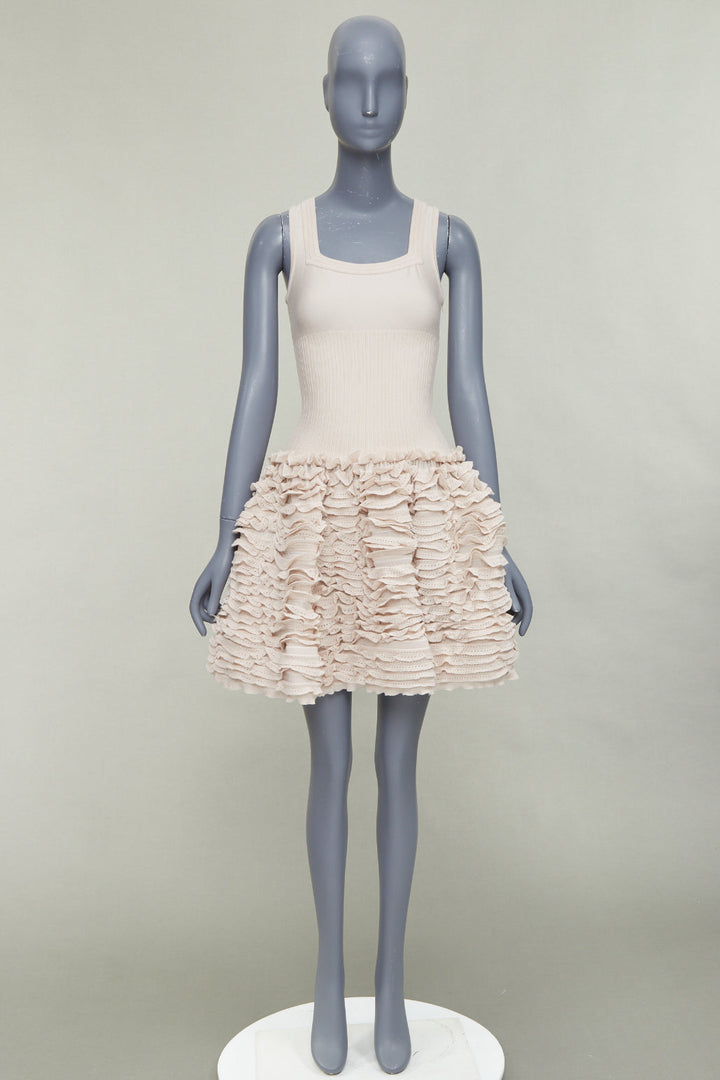 ALAIA pink beige wool blend square neck tiered ruffle cocktail dress FR36 S