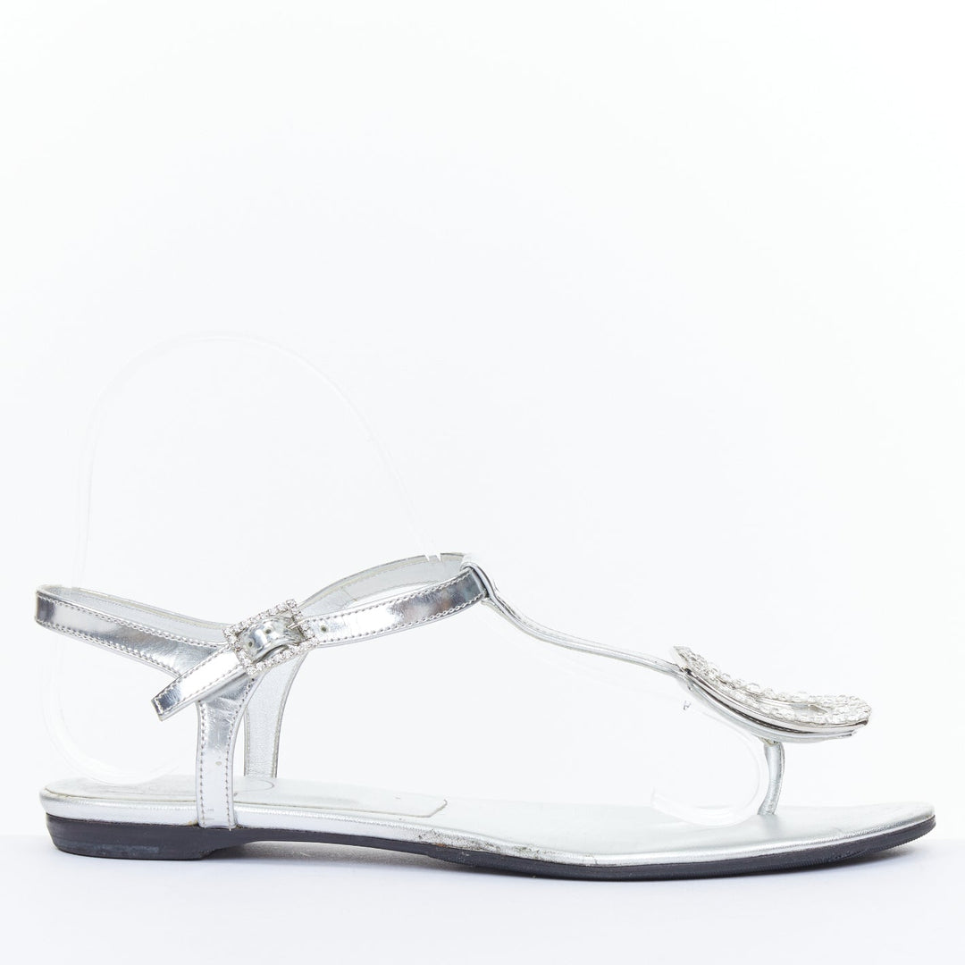 ROGER VIVIER silver crystal buckle metallic leather tstrap sandals EU37